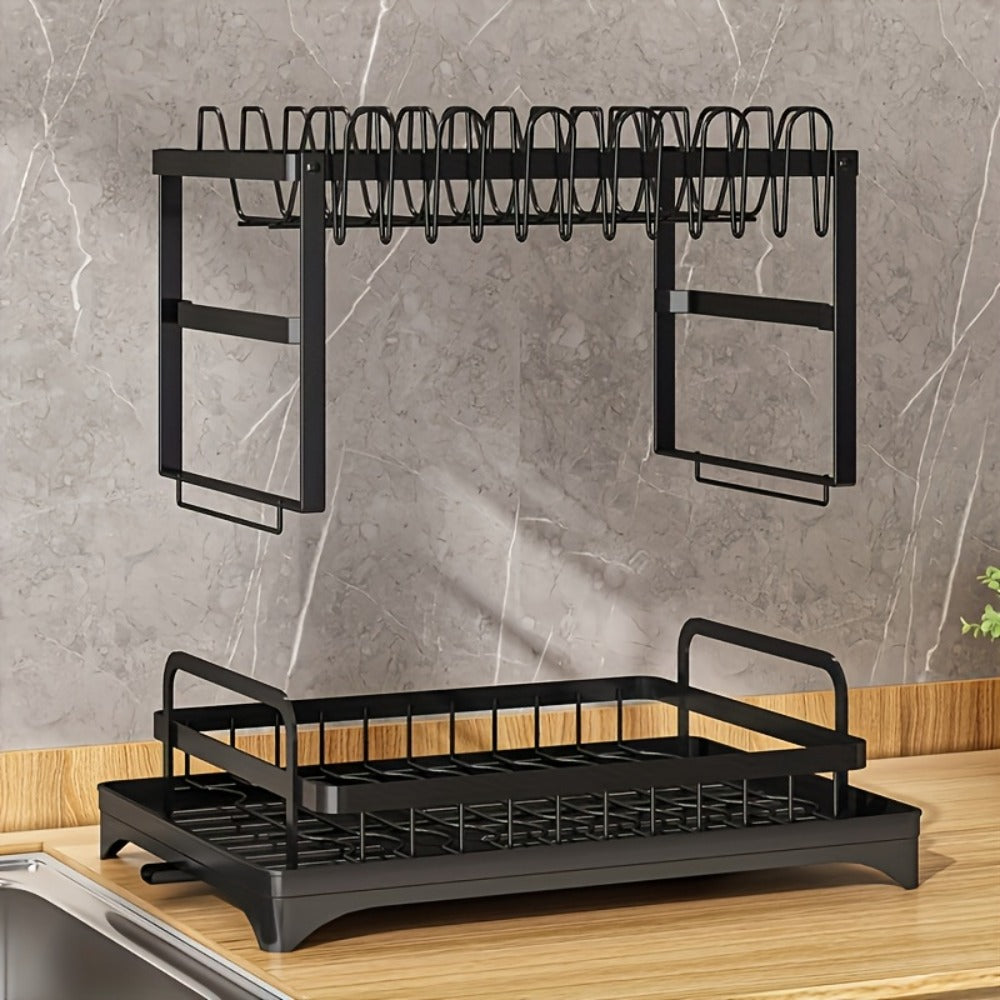 2-Layer Dish Drying Rack Kitchen Countertop Organizer - Dish Drain Rack with Knife Holder, Cup Rack & Cutlery Holder for Bowls, Chopsticks & Utensils, Black Assembled Dish Drainer