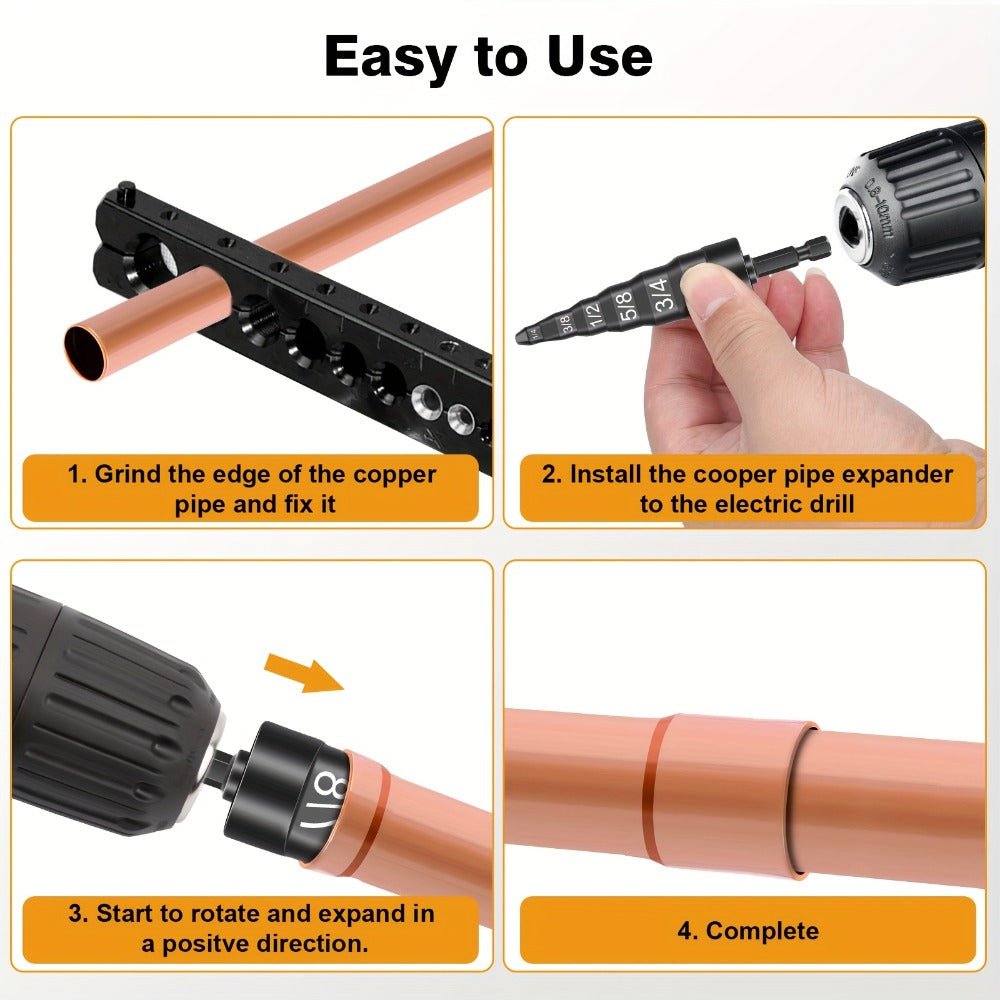 Copper Pipe Tube Expander Swaging Drill Bit Set 6-in-1 HVAC Tool 1/4 3/8 1/2 5/8 3/4 7/8 Inch Quick Release Bit Holder Air Conditioner Repair Kit