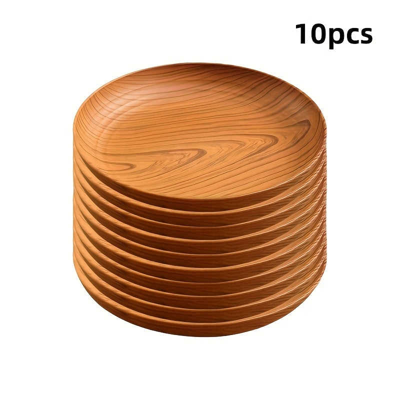 10pcs Wood Grain Dinner Plates Set - Round Striped Plastic Serving Trays for Home Kitchen Dessert Shop Restaurant | Fruit Tray Tea Tray Cake Plate Snack Dish