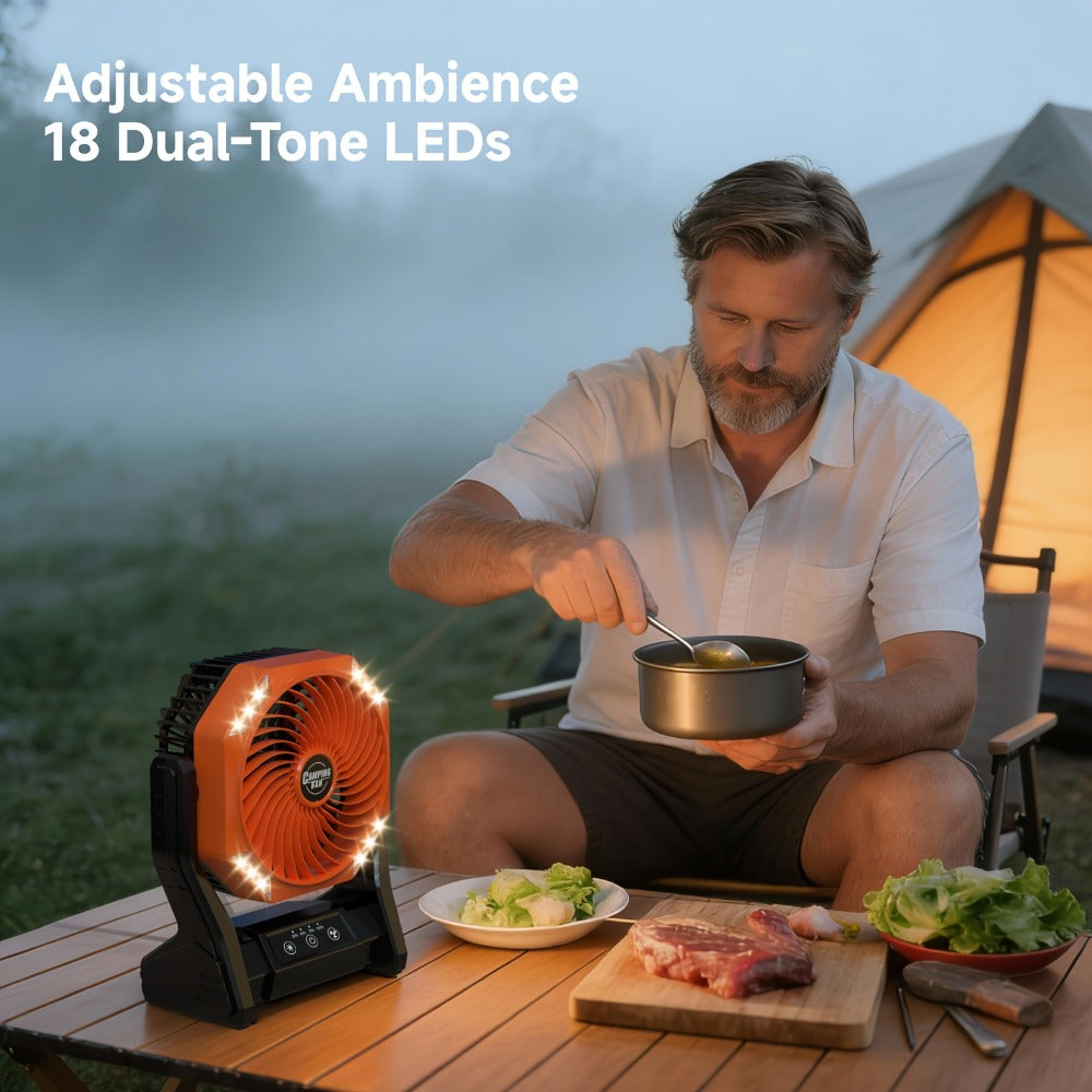 Camping Fan 20000mAh with LED Light and Brushless Motor, 4-Speed 180¡ã Oscillating Portable Outdoor Fan, 22-26H Long Runtime Anti-Slip Base, 3-in-1 Table Fan for Camping, Hiking, Picnic and Emergency