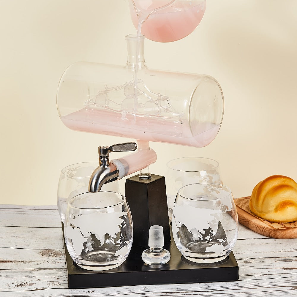Whiskey Decanter Set with Glasses and Wooden Stand Ball Globe 28oz or Sailboat 44oz Etched Crystal Glass Cups for Whiskey Bourbon Scotch Birthday Wedding Anniversary Gift