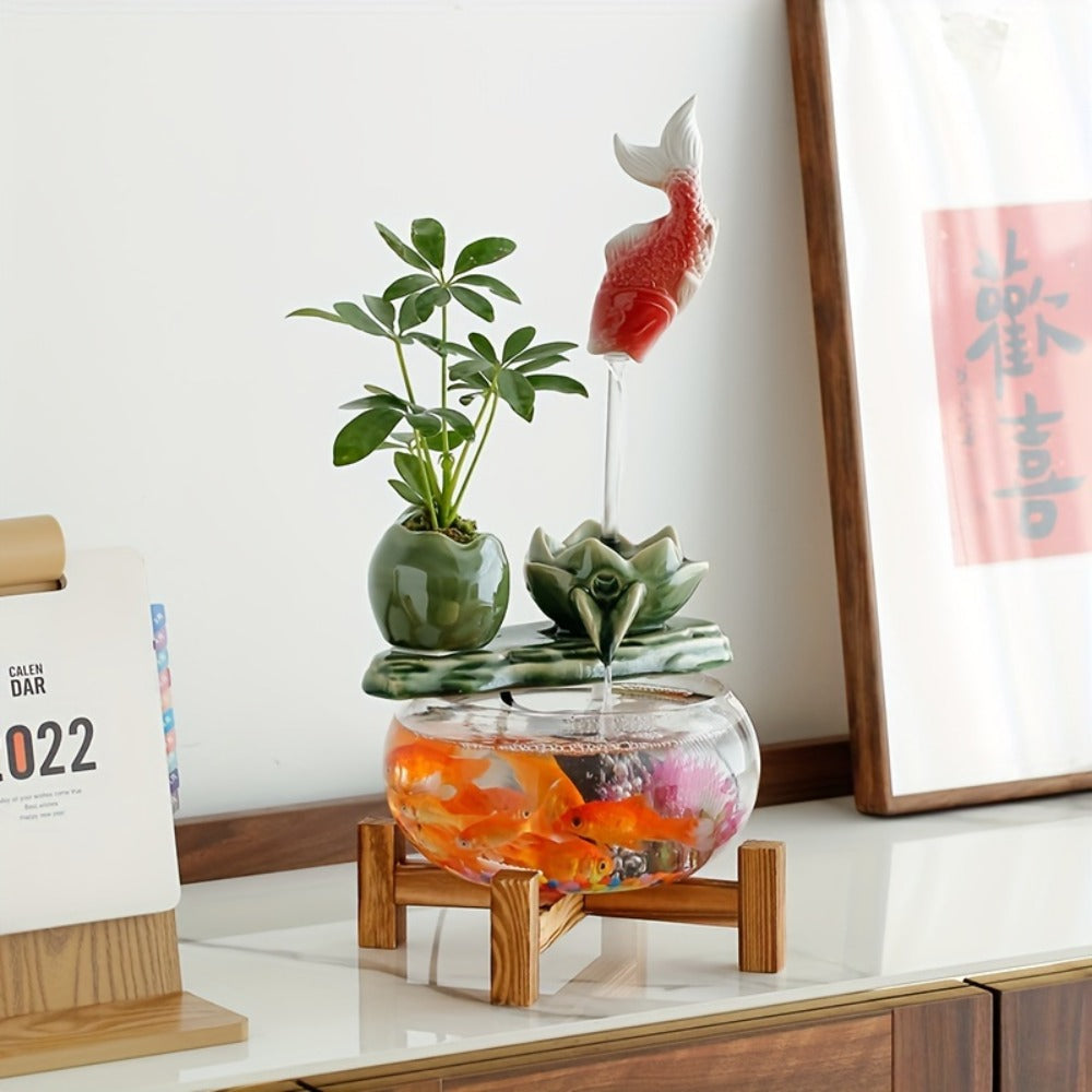 USB Desktop Fish Waterfall Fountain with Glass Bowl ¨C Relaxing Indoor Water Feature Tabletop Decor Zen Fountain Gift