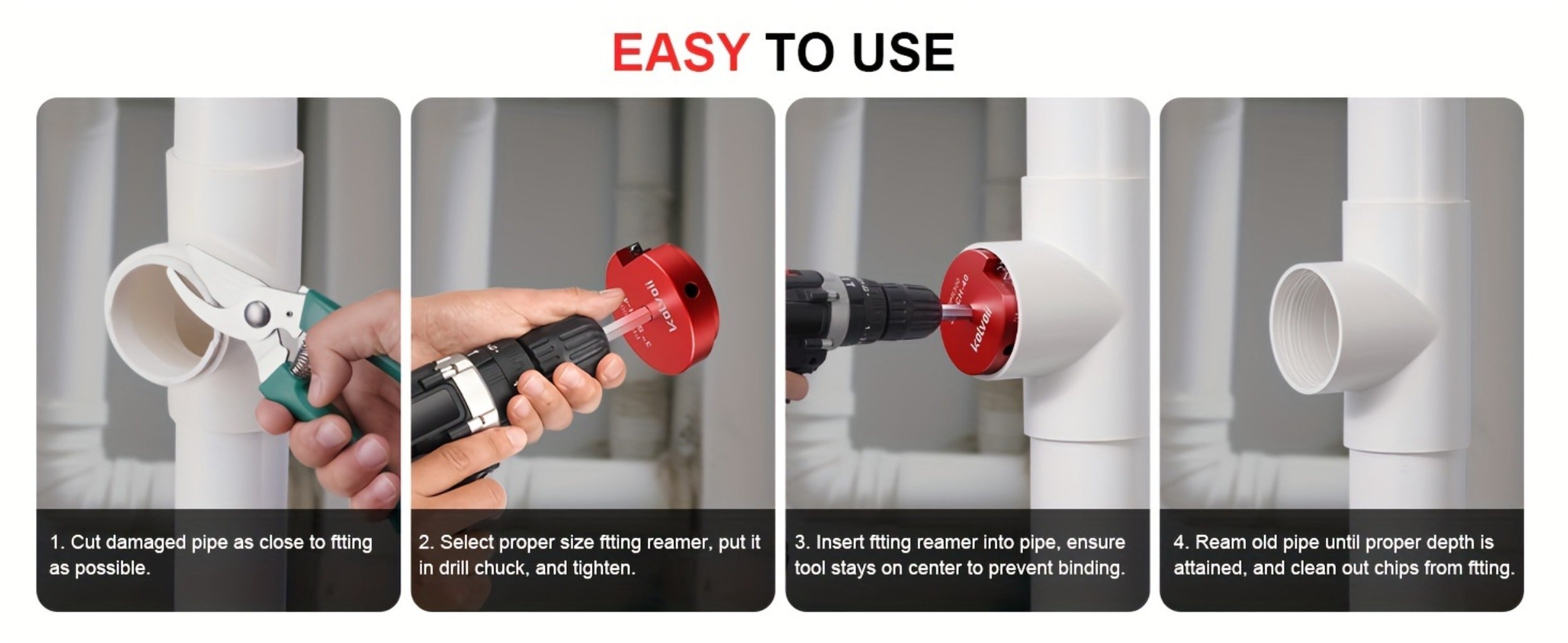 PVC Pipe Reamer Kit 8pcs - Fitting Saver for SCH 40 Plastic Pipe, Aluminum Alloy Body with 11.5¡± Hex Shaft, 8 Sizes 1/2¡± to 4¡±, for PVC PP PE ABS Pipes, Drill Compatible, Red