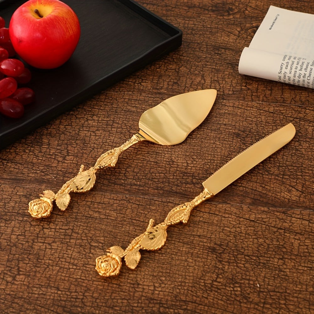Cake Knife and Spatula Set with Rose Handle ¨C Silver-Plated Dessert Server Gift Box Set for Wedding, Birthday & Party