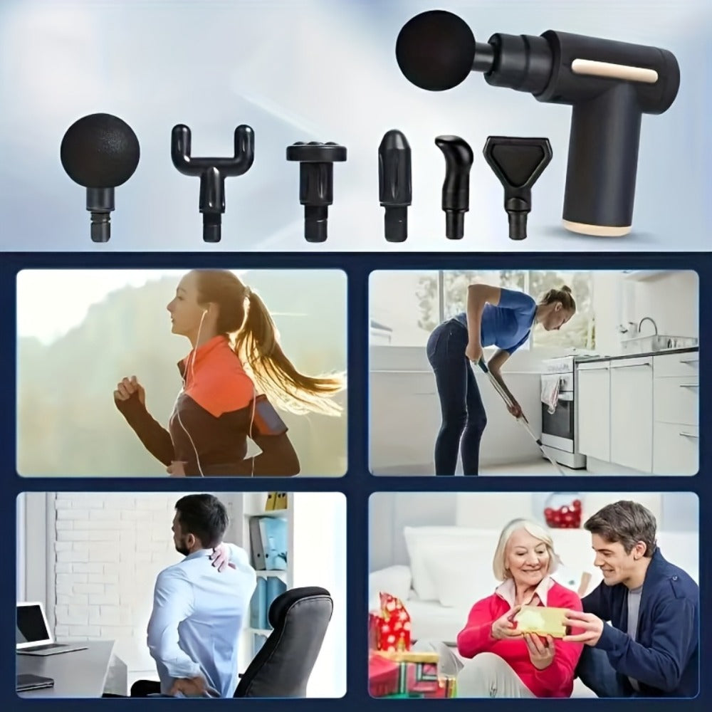 Portable Mini Fascia Gun ¨C USB Rechargeable Muscle Massage Gun with 4 Interchangeable Heads & 6 Speed Modes, Silent Motor Deep Tissue Massager for Back, Neck & Full Body Sports Recovery