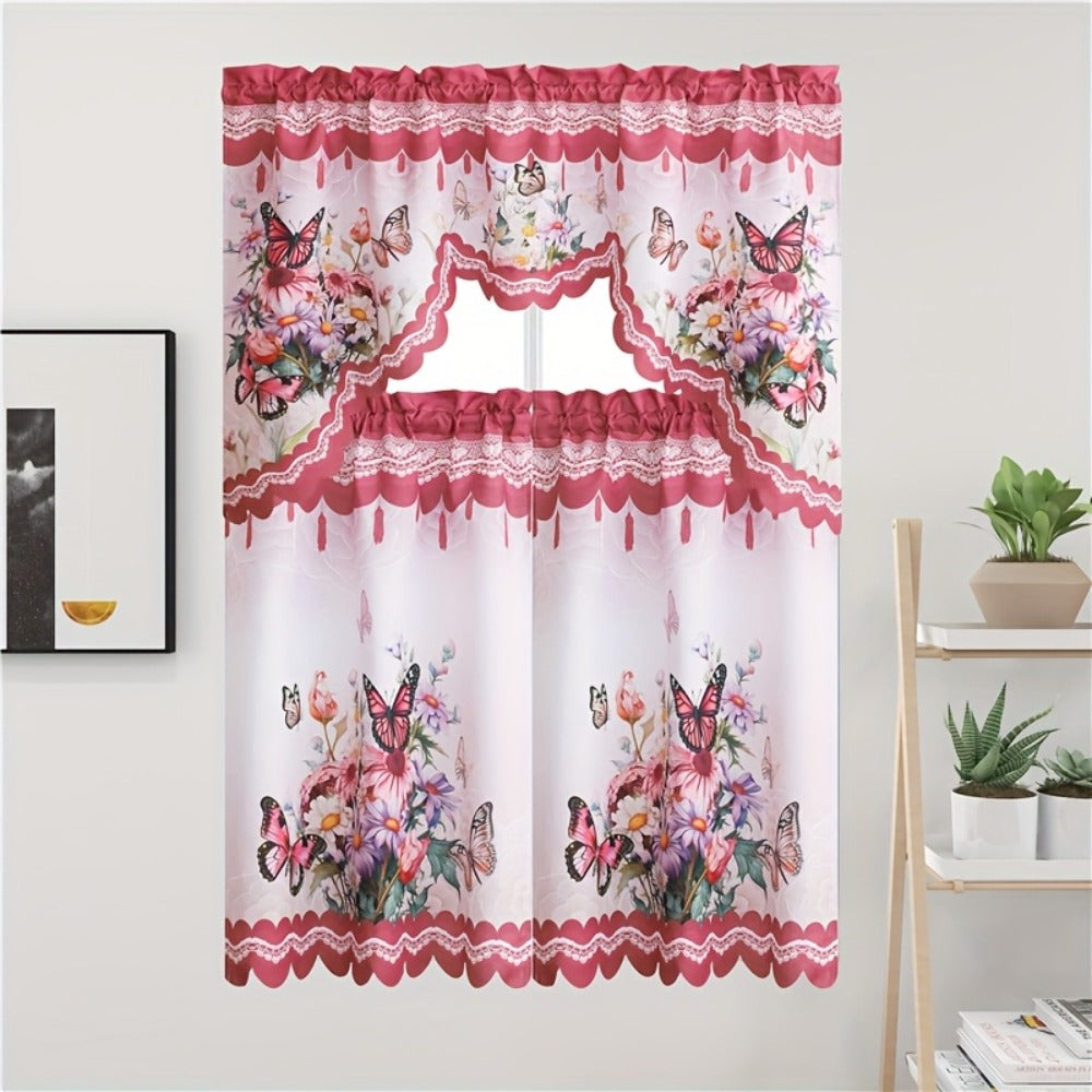 Blackout Kitchen Curtains 3-Piece Set with Butterfly Floral Print - Rod Pocket Window Curtains for Kitchen, Living Room, Bedroom, Bathroom & Restaurant, Polyester Fabric, Machine Washable