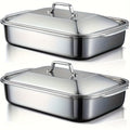 Stainless Steel Deep Baking Tray with Lid 4-Piece Set, 1.59 Gallon Rectangular Roasting Pan with Handle Lids, 16-Inch Dishwasher Safe Deep Tray for Fish BBQ Spaghetti, 2 Trays + 2 Lids