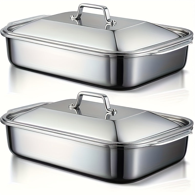 Stainless Steel Deep Baking Tray with Lid 4-Piece Set, 1.59 Gallon Rectangular Roasting Pan with Handle Lids, 16-Inch Dishwasher Safe Deep Tray for Fish BBQ Spaghetti, 2 Trays + 2 Lids
