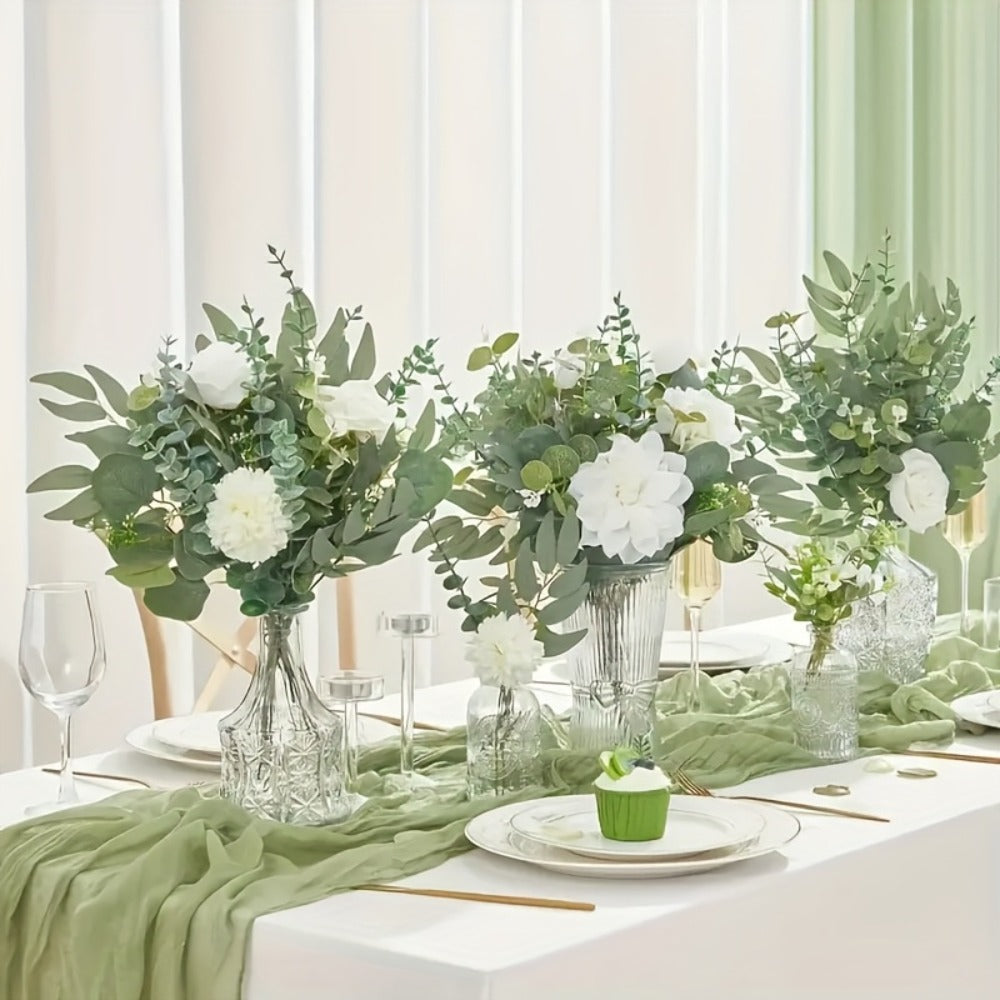Artificial Eucalyptus Stems Bulk 50 56pcs Fake Flowers with 4 Leaf Varieties Lifelike Green Foliage Bouquet White Flowers for Wedding DIY Home Office Spring Valentine's Day St Patrick's Day Decor