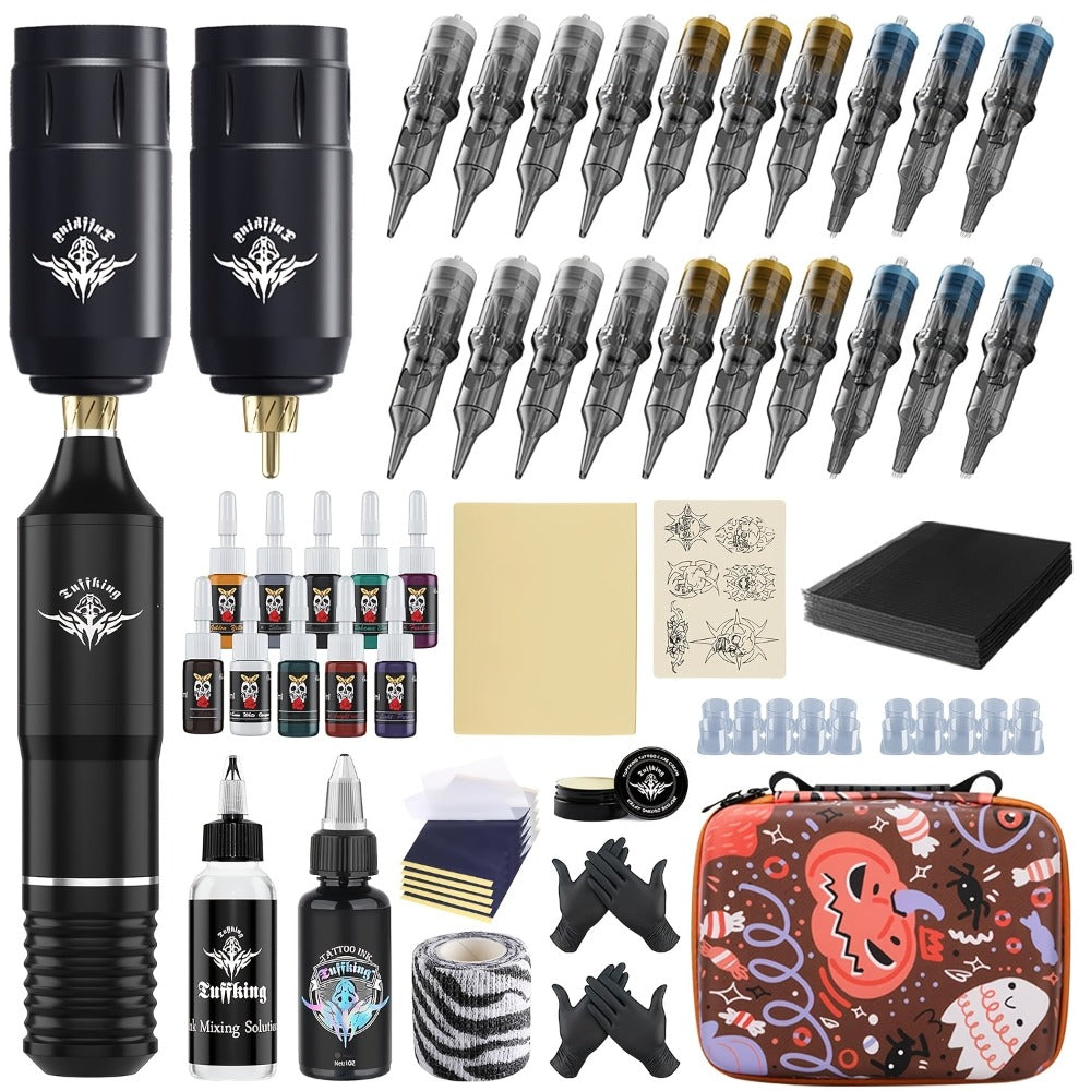 Rotary Tattoo Machine Kit 67pcs ¨C Complete Wireless Tattoo Pen Set with Cartridge Needles, Power Supply, Practice Skin, Inks & Transfer Paper for Beginners & Artists