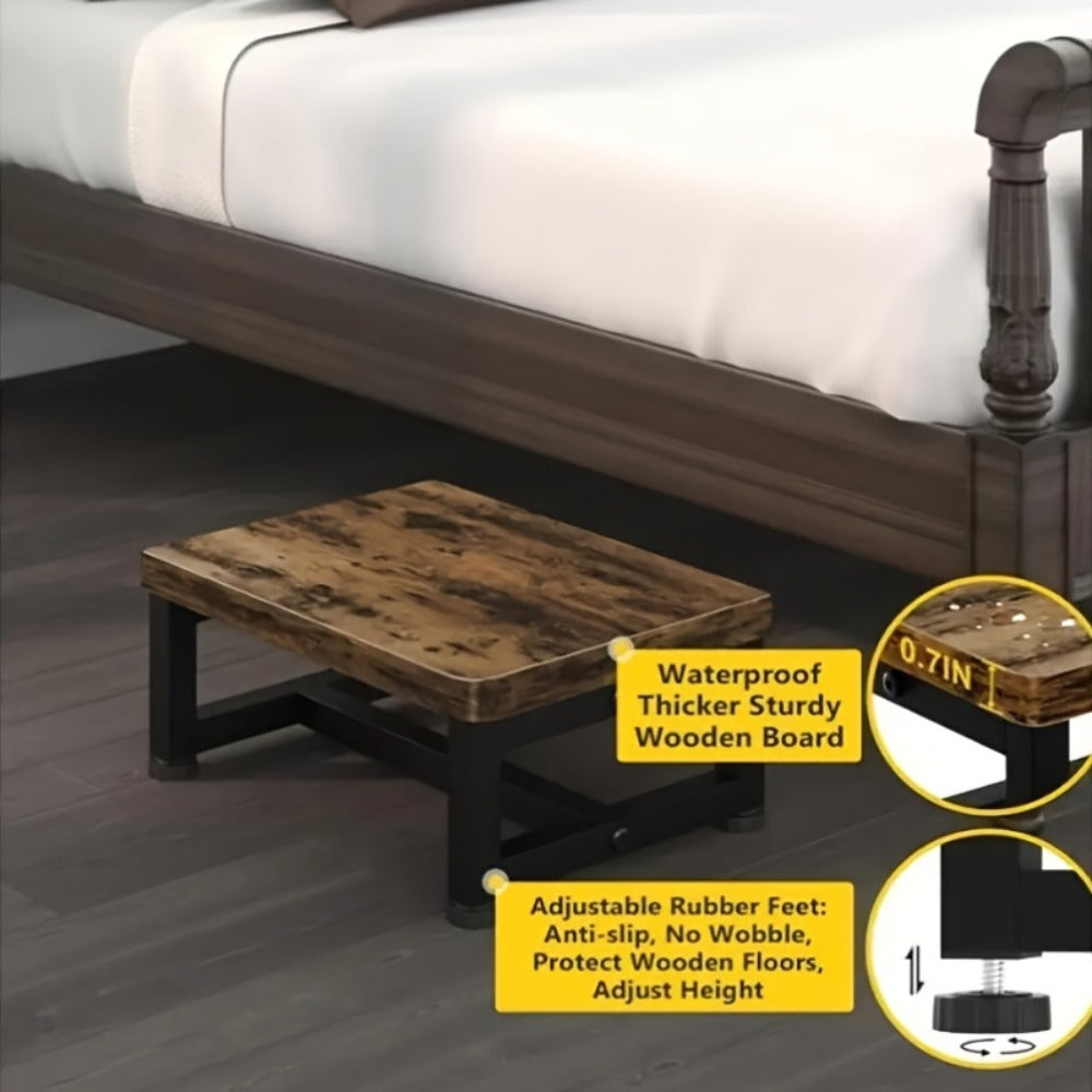 Step Stool Ladder Heavy Duty Steel Wood Frame Non-Slip Single Step for Adults Bedroom Kitchen Bathroom Small Spaces Sturdy Portable Bed Step Stool Solid Steel Frame High Bed Ladder