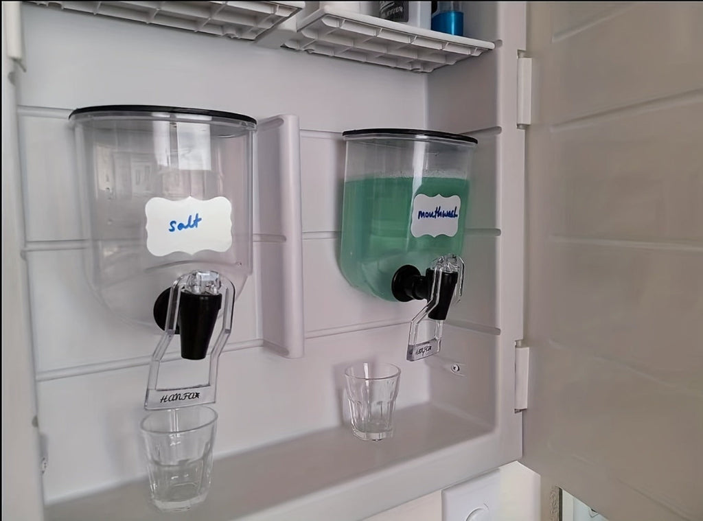 Mouthwash Dispenser Wall Mounted 2-Pack 21 oz Plastic Container - No Electricity Required, Space Saving Bathroom Organizer for Countertop Storage, Durable Refillable Liquid Soap & Rinse Dispenser