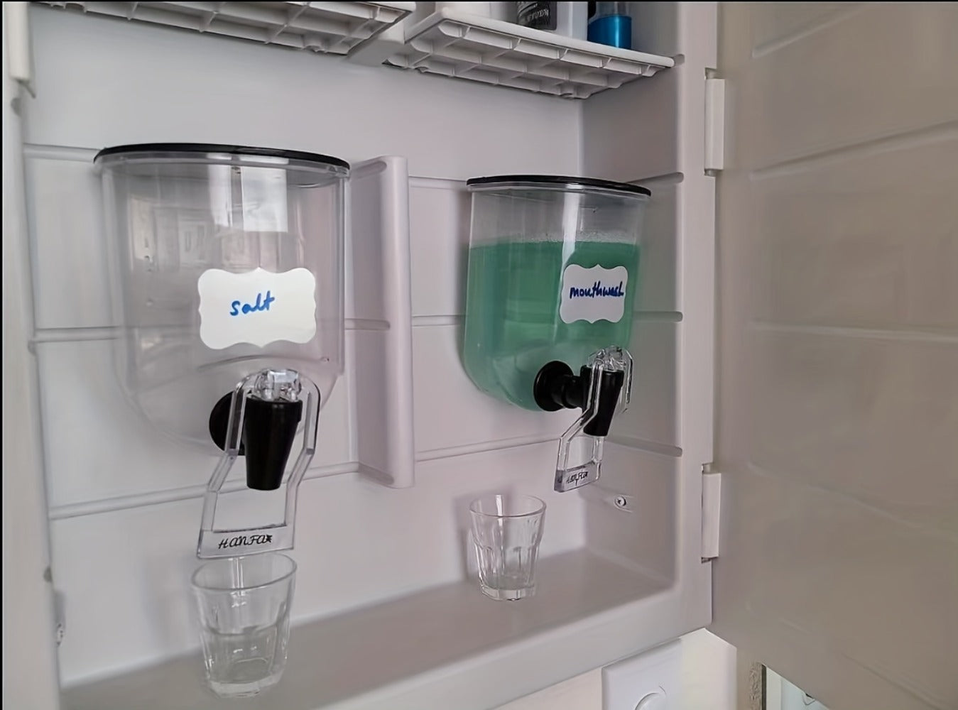 Mouthwash Dispenser Wall Mounted 2-Pack 21 oz Plastic Container - No Electricity Required, Space Saving Bathroom Organizer for Countertop Storage, Durable Refillable Liquid Soap & Rinse Dispenser