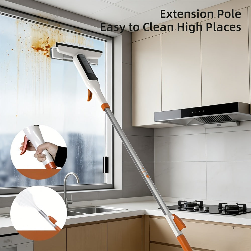 3-in-1 Glass Cleaning Kit with Durable Metal Pole & Scraper, Window Cleaner Tool for High Windows Shower Doors Car Windshields, Home Glass Cleaning Squeegee Set