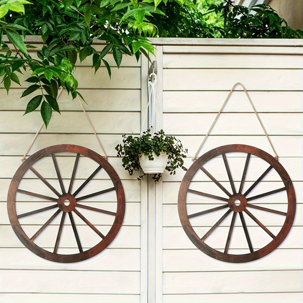 Wooden Carriage Wheel Wall Decor 2pcs - Rustic Western Farmhouse Wood Wagon Wheel Hanging Plaque for Home, Office, Garage, Bar & Country Party, Natural Grain Texture, Indoor Wall Art