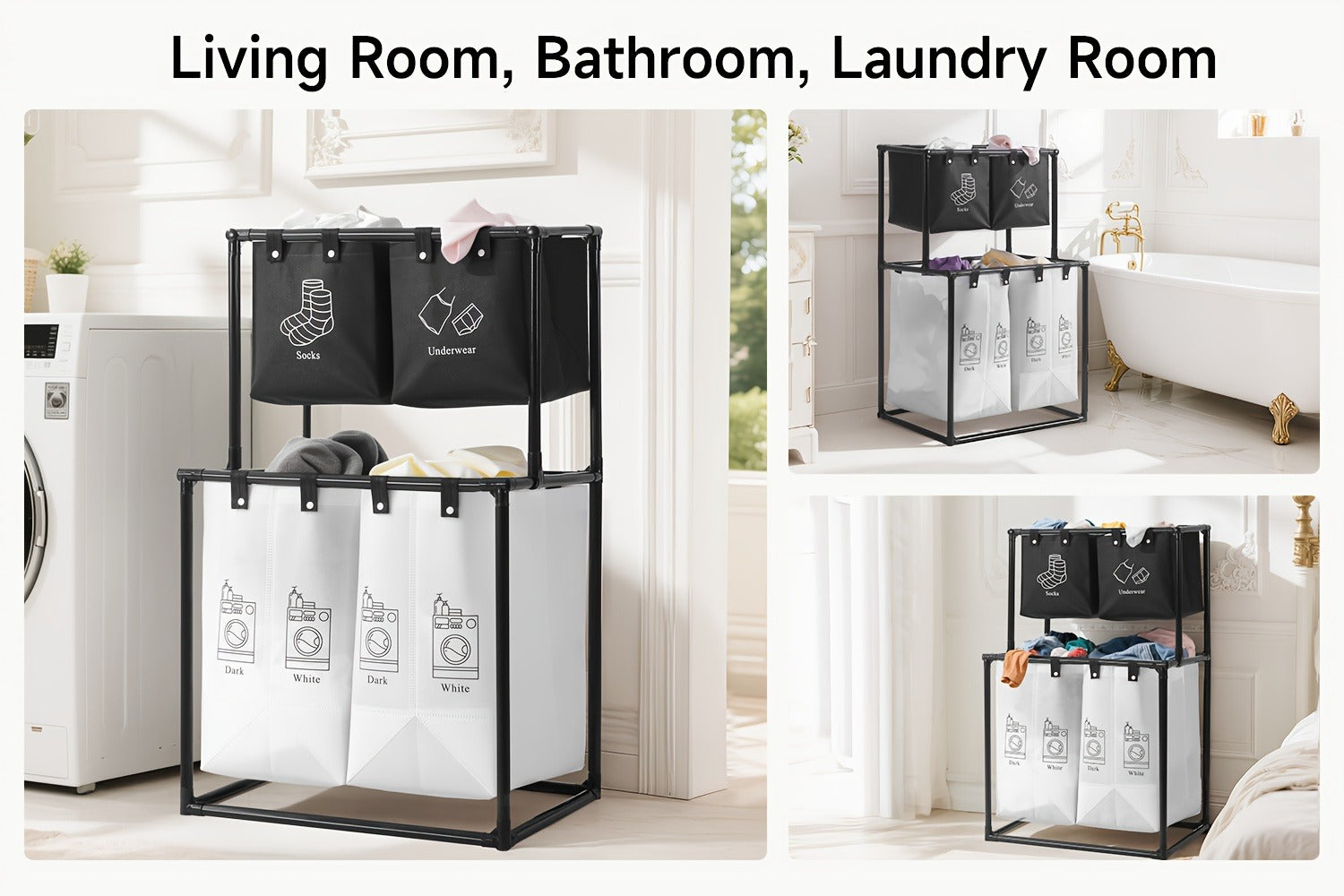 Laundry Sorter 2 Compartment Hamper ¨C 2-Tier Metal Frame Laundry Hamper with Handles, Breathable Mesh Bags & Cable Ties ¨C Space-Saving Clothes Organizer for Home, Bedroom & Apartment