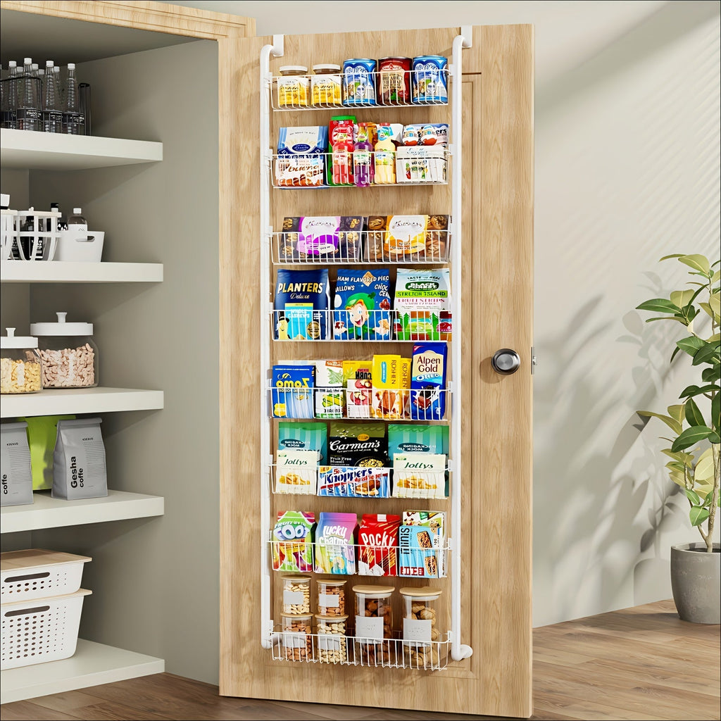 Over The Door Organizer - Heavy Duty Multi-Layer Pantry Storage Rack for Kitchen Bathroom Laundry Room, Space Saving Door Hanging Shelf, 6 or 8 Tier Metal Spice Food Storage Cabinet