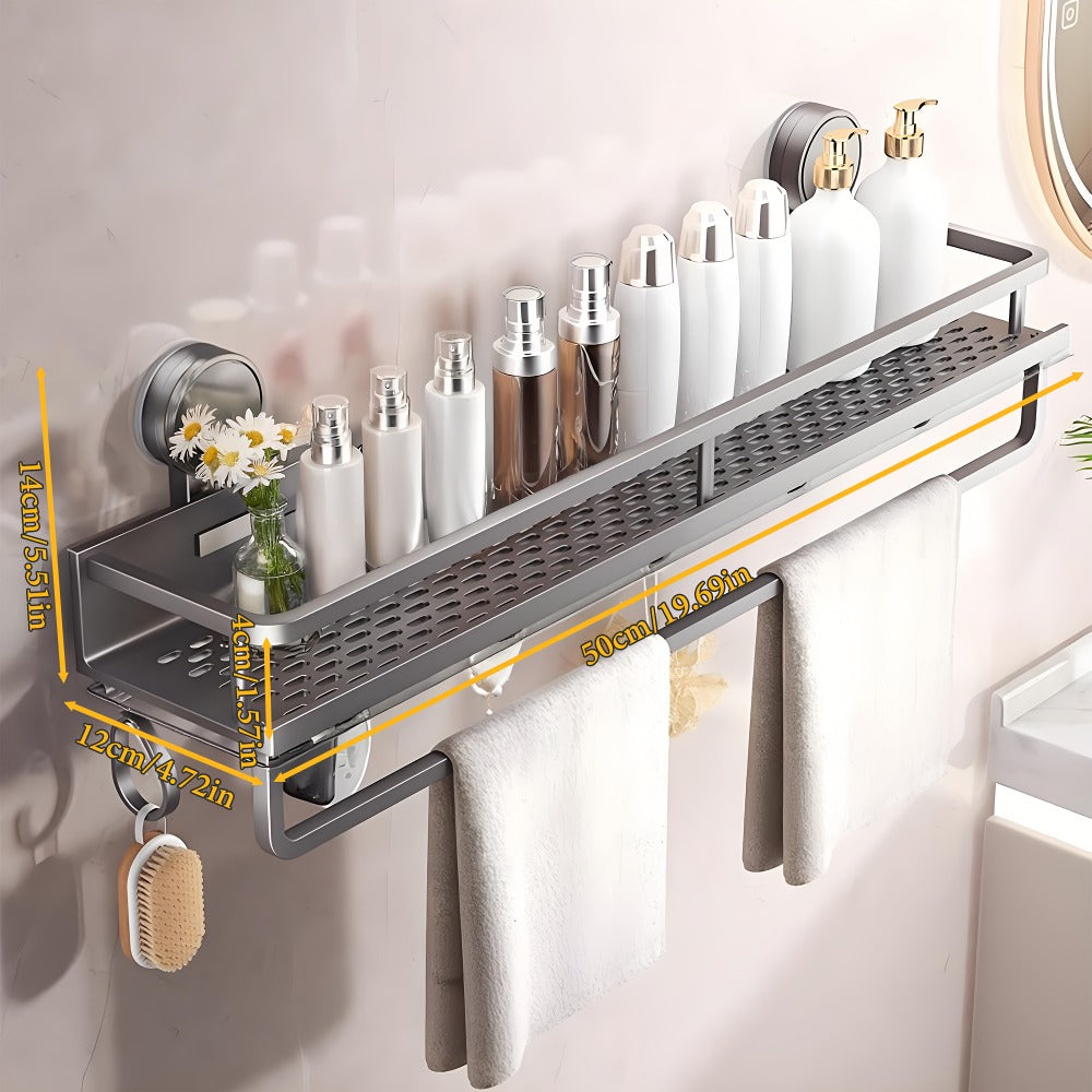 Suction Cup Shower Caddy with Towel Holder Bar, Wall-Mounted Bathroom Shelf Organizer for Shampoo Soap, Heavy-Duty Floating Shower Shelves, Strong Adhesive No Drilling
