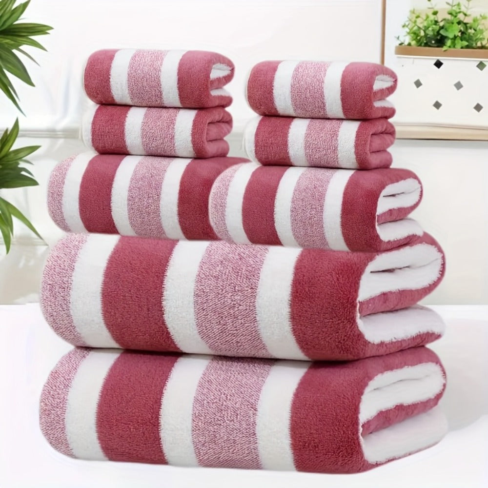 Towel Set 8 Piece Two-Color Striped - Super Absorbent Soft No Hair Loss Bath Towel Combo | 2 Bath Towels 2 Face Towels 4 Hand Towels | Grey Red Blue Green | Bathroom Family Hotel Spa Gift Set