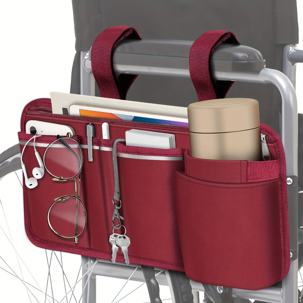 Wheelchair Bag Side Storage with Cup Holder Reflective Strips 8 Pockets 14x7.5 Inch for Electric Power Wheelchairs Walkers Rollators Accessories for Seniors