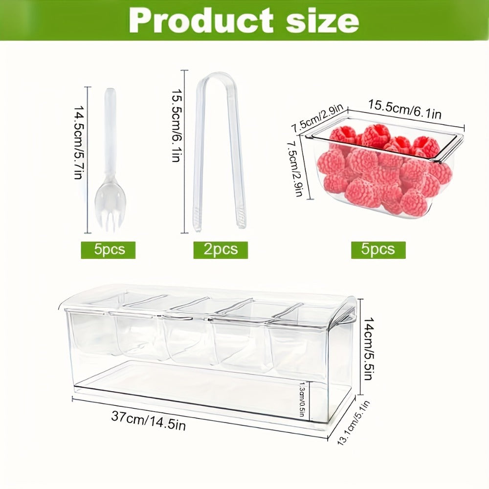 Fruit Salad Bowl with Lid and 5 Compartments, Portable Chilled Serving Tray with 5 Forks and 2 Tongs, Detachable Fruit Storage Box for Party Entertaining Bar Decoration Buffet Table