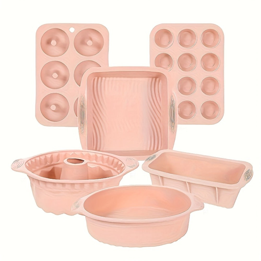 Silicone Baking Pan Set 6-Piece, Nonstick Silicone Cake Molds, Muffin Pan & Donut Baking Pan, Flexible Easy Release Bakeware for Oven Use, Holiday Baking Molds in Pink Gray Blue