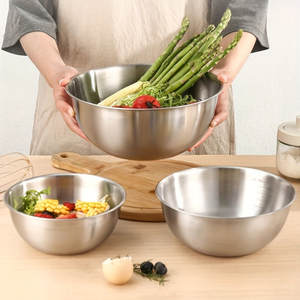 Stainless Steel Mixing Bowl Set 3-Piece with Measuring Marks ¨C Small Medium Large Nesting Bowls for Cooking, Baking & Food Prep, Durable 304 Stainless Steel Salad Bowl Set for Kitchen & Restaurant
