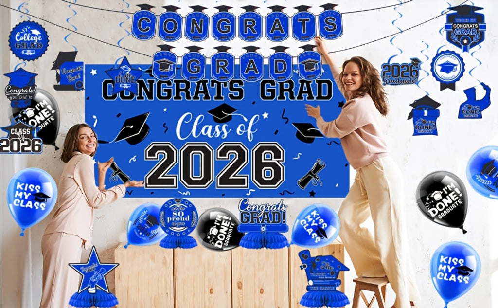 2026 Graduation Decorations Set ¨C Congrats Grad Banner, Backdrop, Hanging Swirls & Honeycomb Table Toppers, Class of 2026 Party Supplies Kit