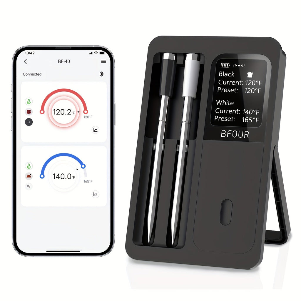 Wireless Meat Thermometer with Dual Probes USB Rechargeable | 2-Probe Digital BBQ Thermometer for Smoker Oven Grill Kitchen | 304 Stainless Steel Food Safe | iOS & Android App Compatible