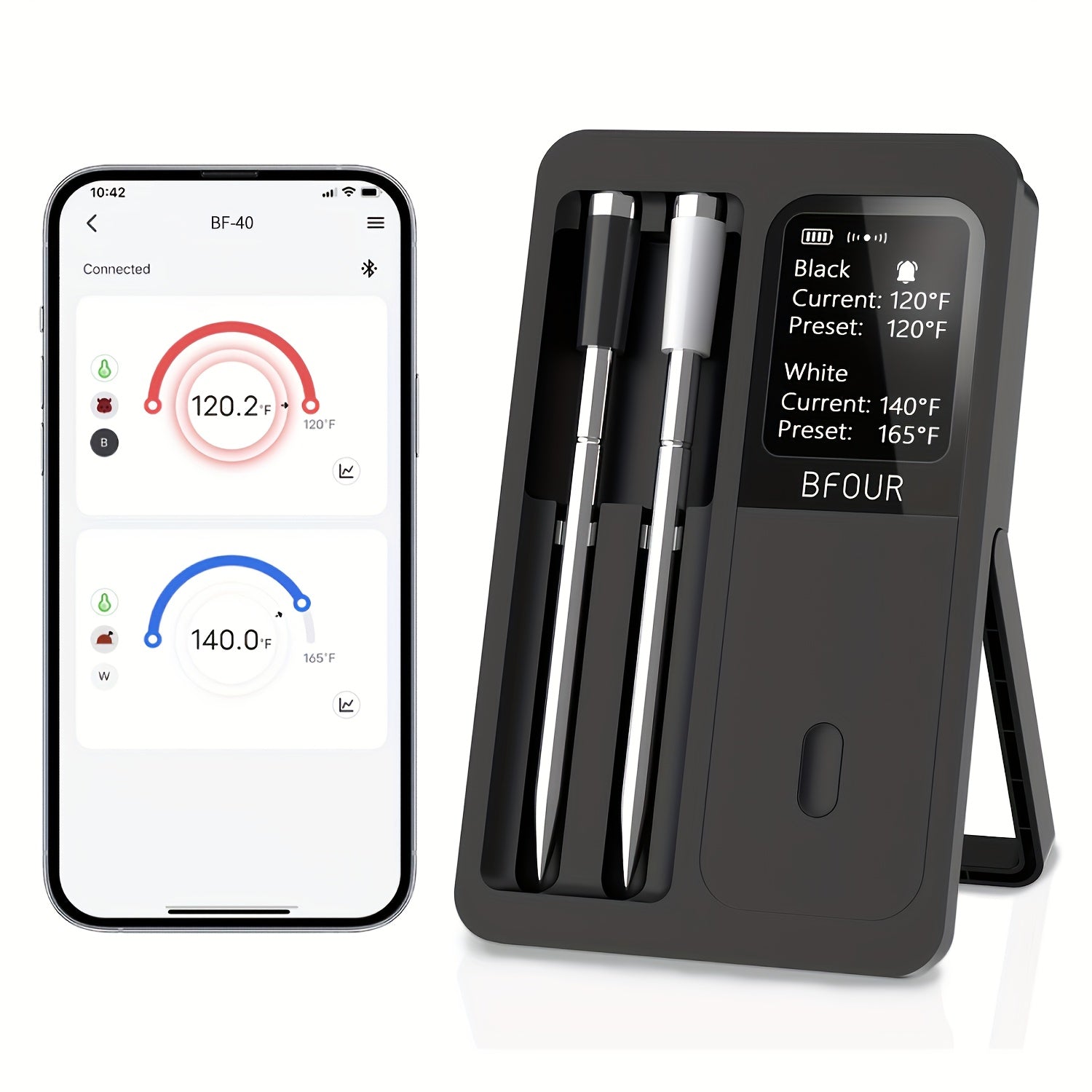 Wireless Meat Thermometer with Dual Probes USB Rechargeable | 2-Probe Digital BBQ Thermometer for Smoker Oven Grill Kitchen | 304 Stainless Steel Food Safe | iOS & Android App Compatible