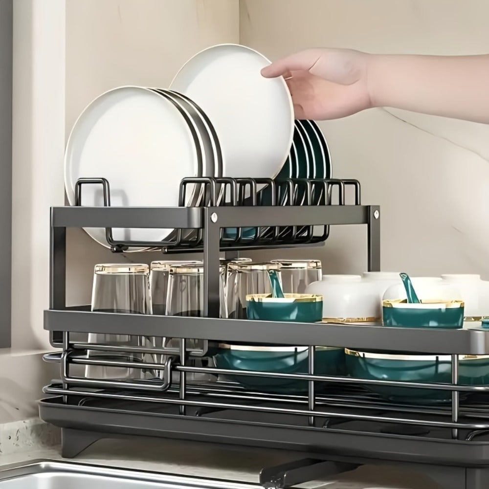 2-Tier Dish Drying Rack with Drainboard & Mat ¨C Metal Dish Rack for Kitchen Counter with Knife Fork Cup Holder