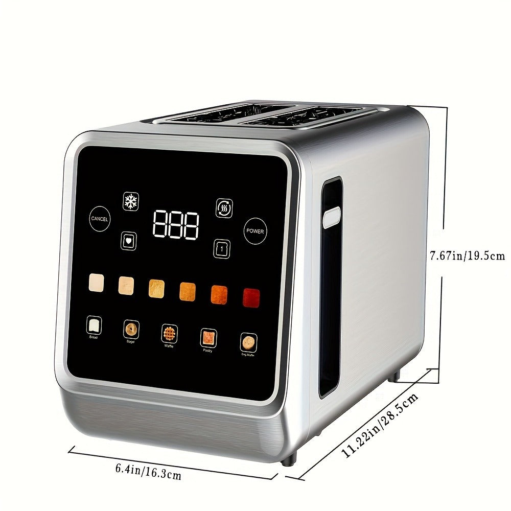 Digital Touch Screen Toaster 2 Slice Stainless Steel with 5 Bread Functions 7 Shade Settings Bagel Defrost Reheat Cancel Removable Crumb Tray LED Display Kitchen Toaster
