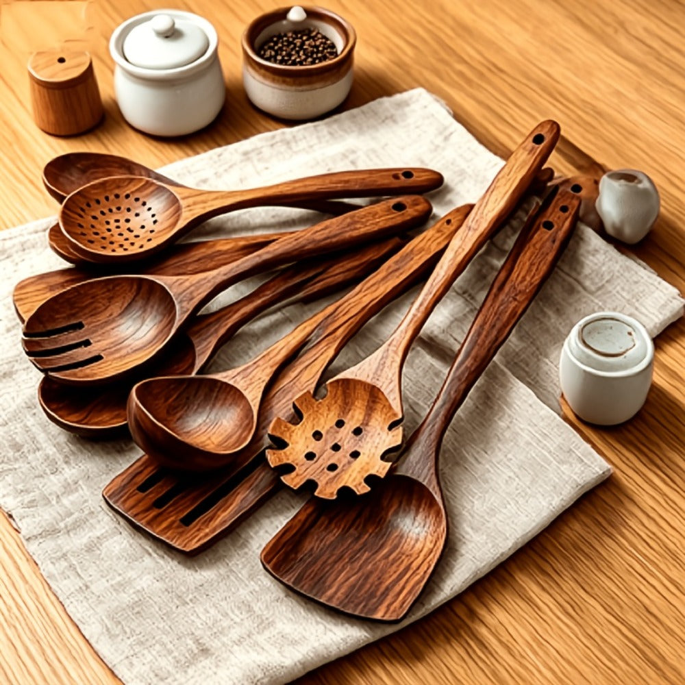 Wooden Kitchen Utensil Set 10 Piece - Nonstick Safe Cooking Spoons, Ergonomic Handle, Heat Resistant Wood Kitchen Tools, Natural Bamboo Utensils for Pots and Pans