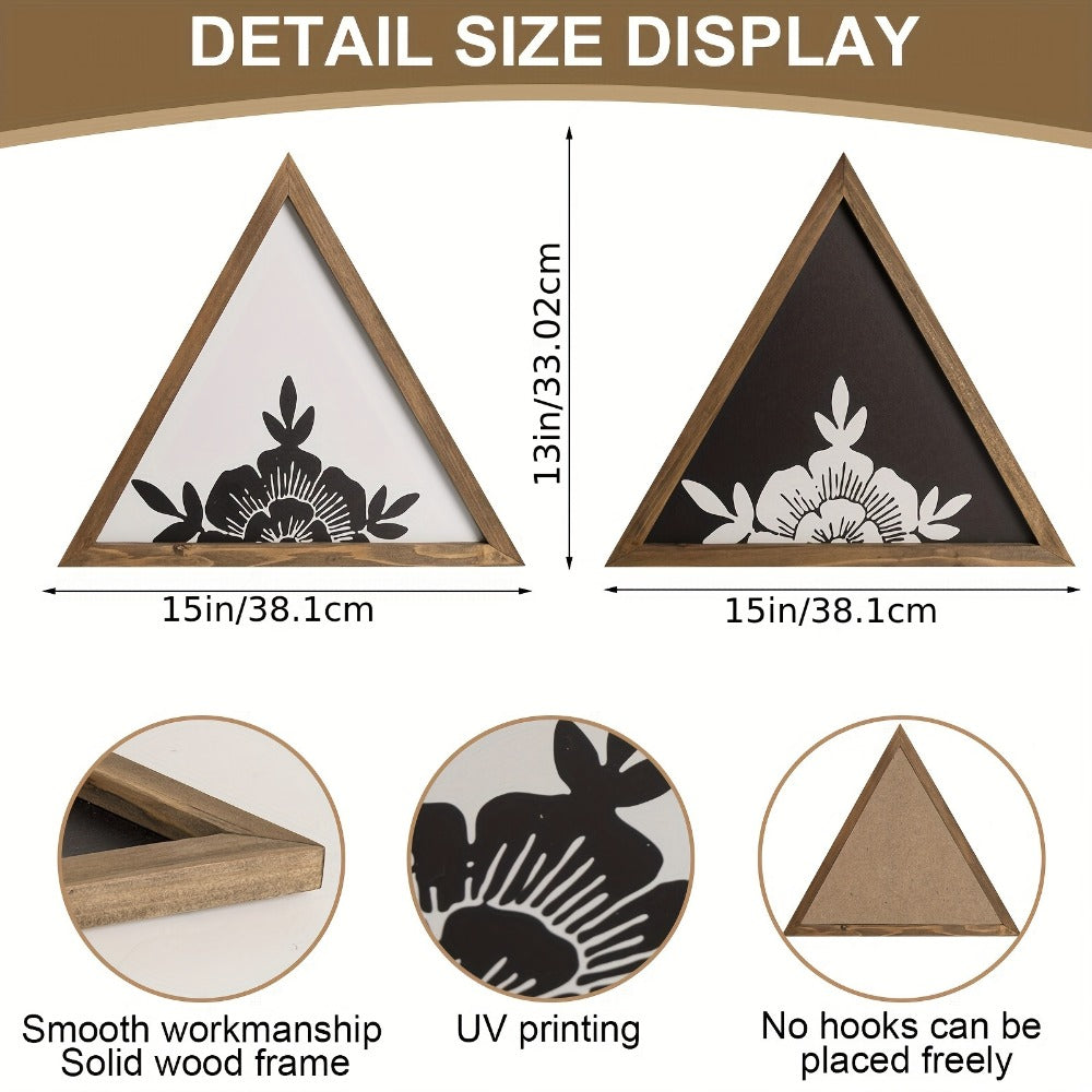 Boho Floral Wall Art Framed ¨C Wooden Botanical Wall Decor with Black & White Geometric Triangles, Vintage Boho Style for Bedroom, Bathroom & Living Room Home Decoration