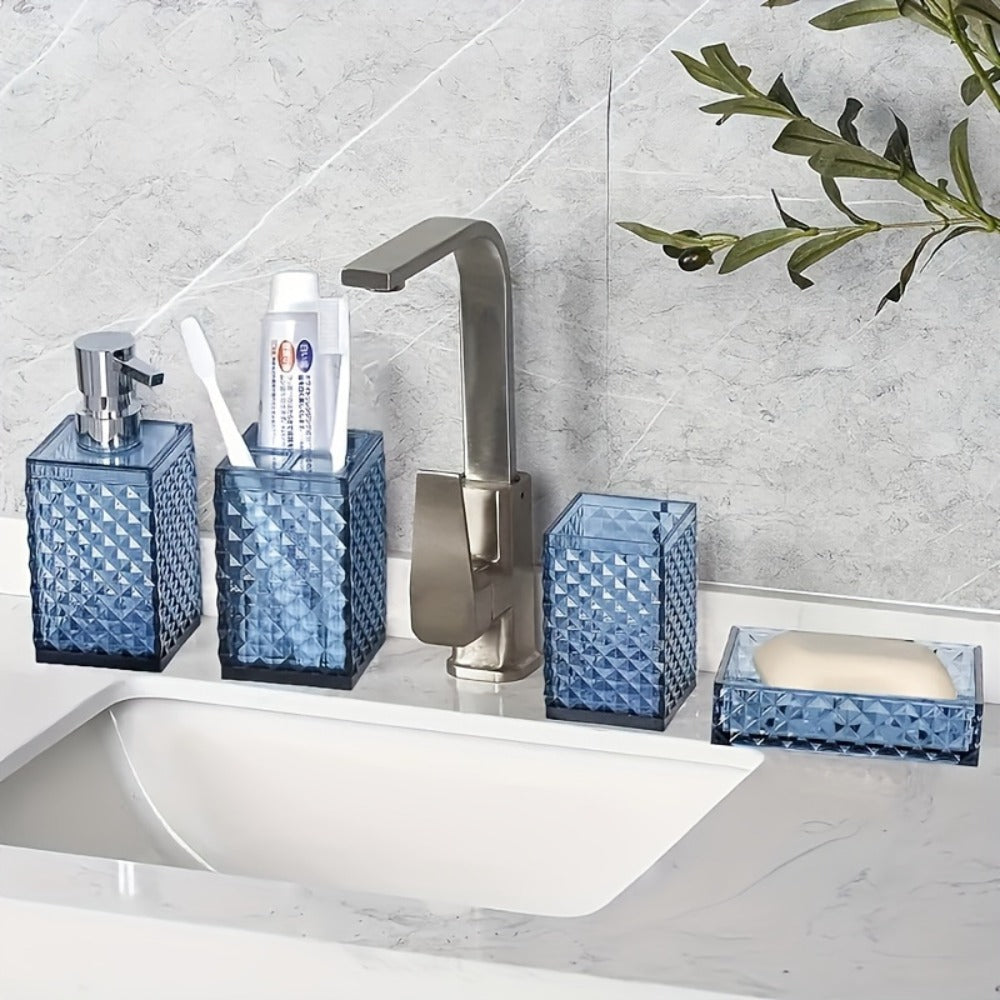 Bathroom Accessories Set 4-Piece Diamond Grid Plastic Organizer Soap Dispenser Toothbrush Holder Grey Blue Green