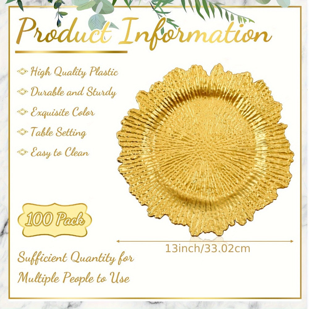 Wedding Plates 100pcs | 13 Inch Plastic Floral Decorative Plates with Metallic Ruffled Rim | Bulk Party Plates for Wedding, Holiday & Event Supplies
