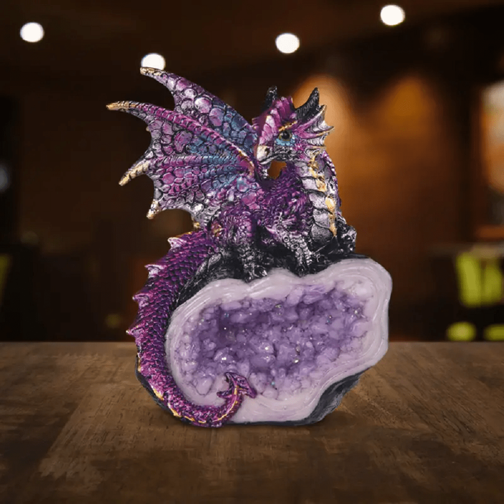 Dragon Figurine Statue Guarding Crystal Cave Polyresin Collectible Home Decor Sculpture Fantasy Dragon Gift for Birthday Housewarming Holiday Room Office Shelf Decor