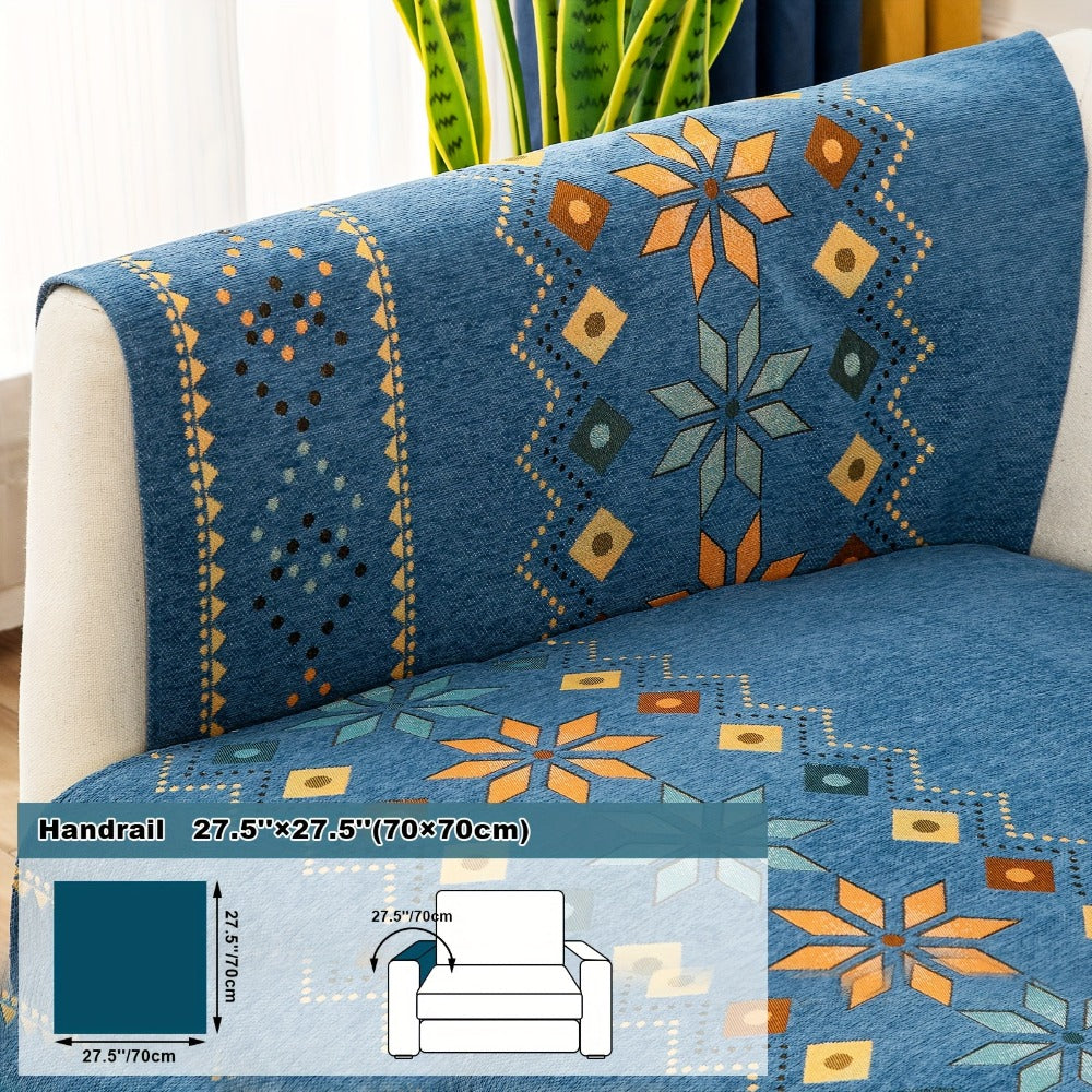 Bohemian Chenille Sofa Cover | Geometric Print Non-Slip Couch Slipcover, Thick Plush Boho Style, 1 to 4 Seat, Armrest & Backrest, Machine Washable, Sectional Sofa Protector