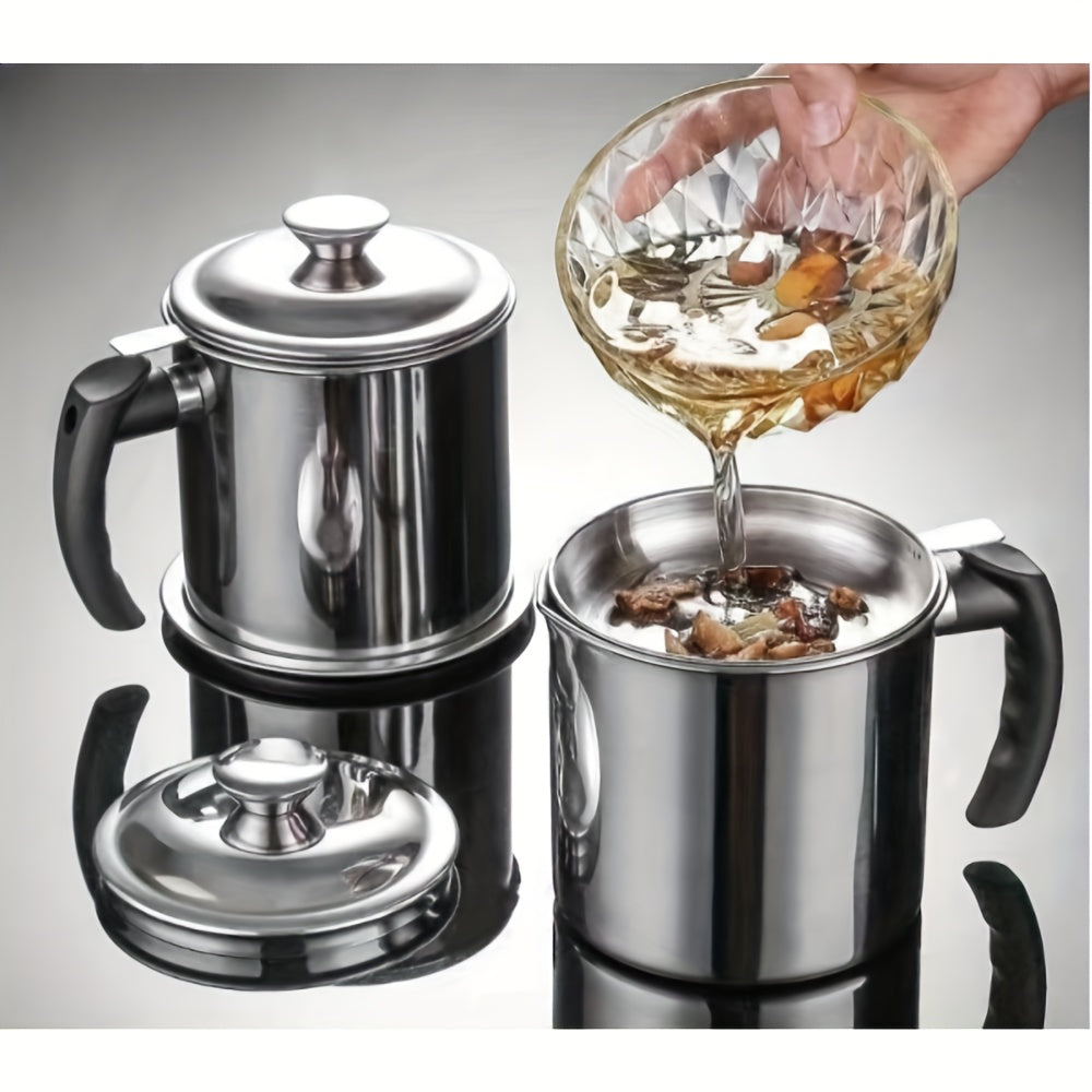 Grease Container with Strainer Stainless Steel BPA Free - Kitchen Bacon Fat Storage Can with Easy Pour Handle for Cooking Oils and Fats, Essential Kitchen Accessory