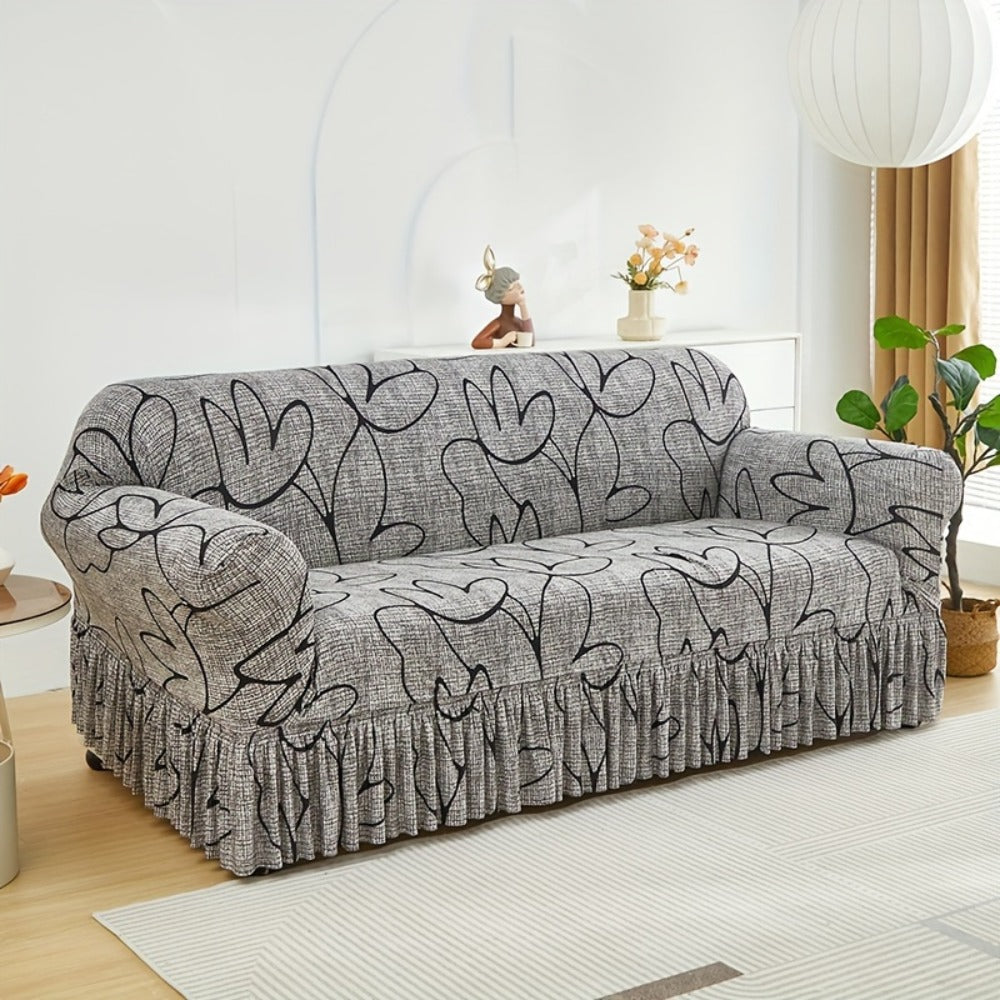 Printed Sofa Cover with Skirt Elastic Four Seasons Universal Furniture Protective Slipcover for Bedroom Office Living Room - 1 2 3 4 Seater Gray