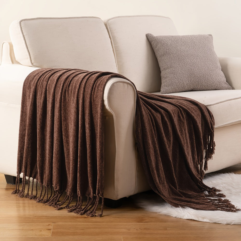 Chenille Fringe Throw Blanket ¨C 180-200gsm Velvety Soft Decorative Throw for Sofa & Couch, Home Decor, 50¡±¡Á60¡±, 17 Colors