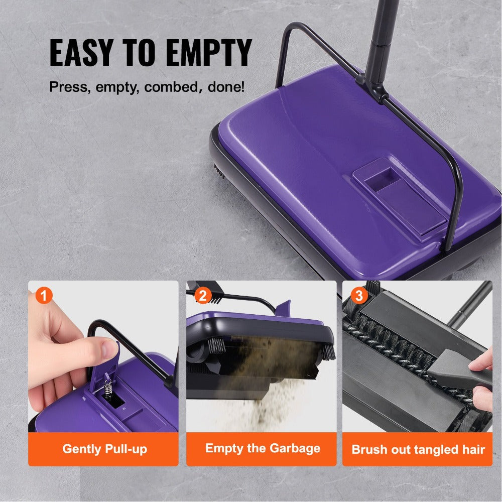 Manual Carpet Sweeper Push Non-Electric 300ml Dustbin 6.7in Width 180¡ã Rotating Head Quiet Floor Sweeper for Home Office Pet Hair Hardwood Tile