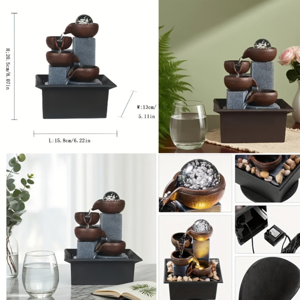 Tabletop Water Fountain Indoor ¨C 4-Level Desktop Waterfall with LED Lights & Natural River Stones, USB Powered Meditation Fountain for Home Office Relaxation, Zen Desk Decor with Bubble Balls