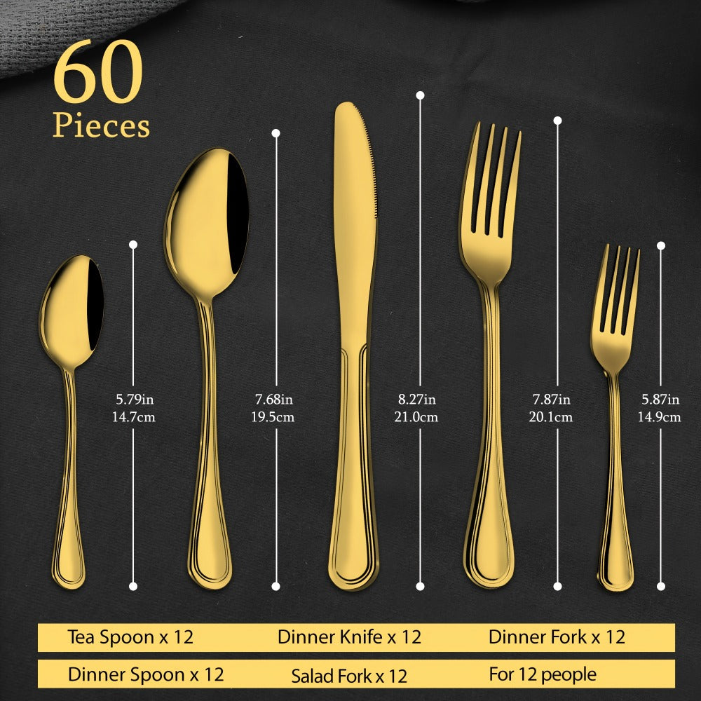 84-Piece Golden Cutlery Set Service for 12 | Knife Fork Spoon Set for Family Gatherings Camping BBQ Kitchen Utensils