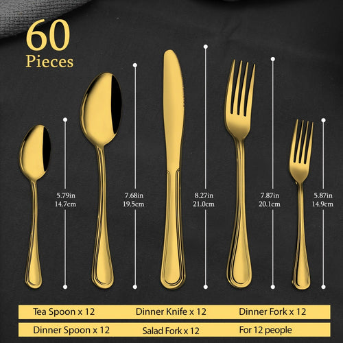 84-Piece Golden Cutlery Set Service for 12 | Knife Fork Spoon Set for Family Gatherings Camping BBQ Kitchen Utensils