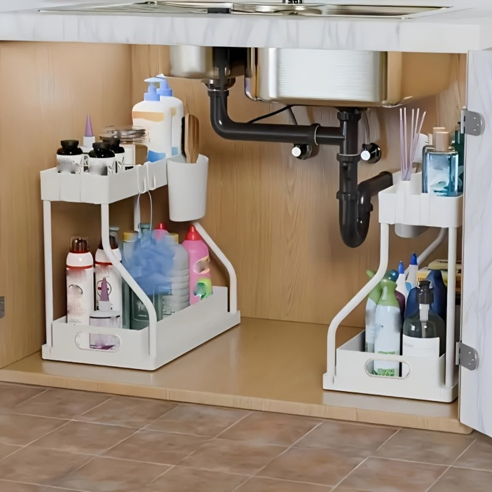 Under Sink Organizer 2pcs with Sliding Shelves ¨C Durable Pull-Out Cabinet Storage for Bathroom Kitchen Space Saving Vertical Design