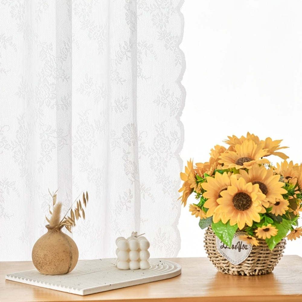 Sheer Lace Curtains 2 Panels Bohemian Floral Semi-Transparent Rod Pocket Window Curtains for Living Room Bedroom All Seasons