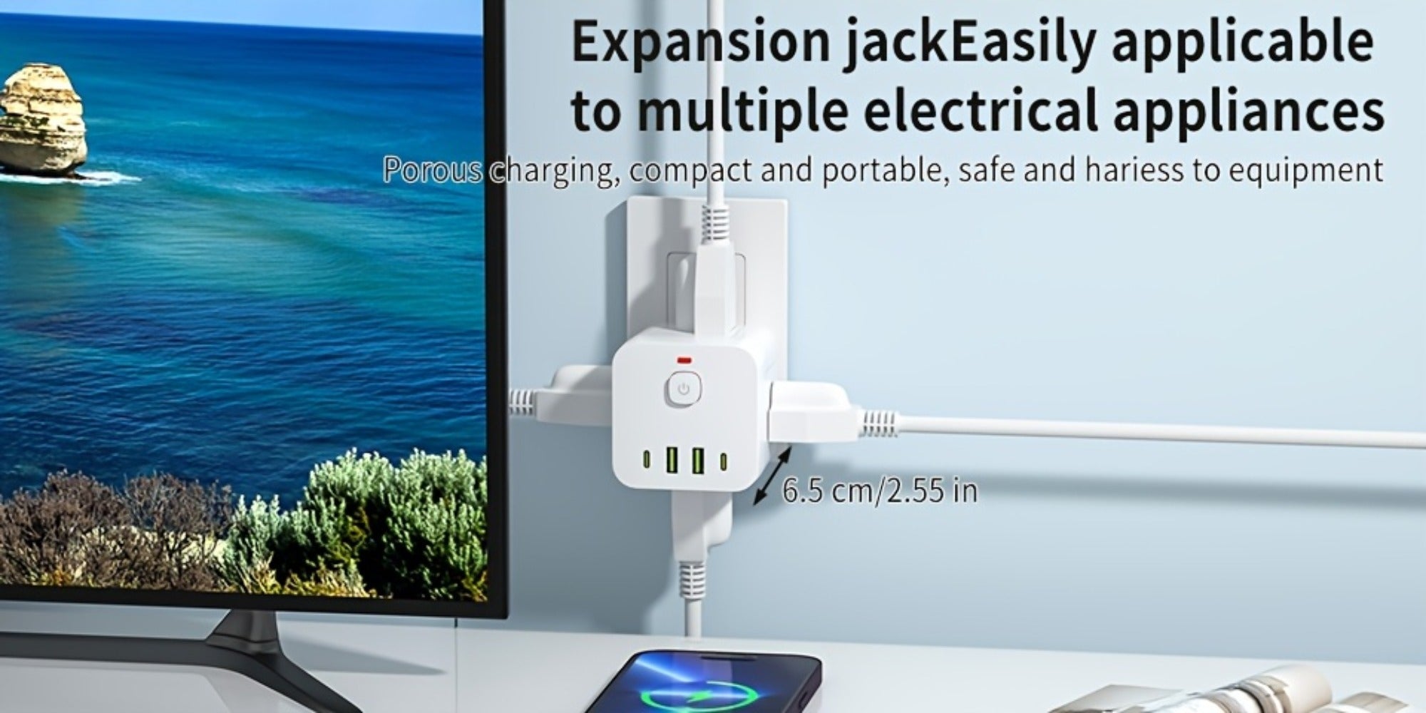 Wall Outlet Extender 8-in-1 with 4 AC Outlets 2 USB-A 2 USB-C Ports Power-Off Switch Overload Protection 4-Sided Design for Living Room Kitchen Bathroom Bedroom Office White