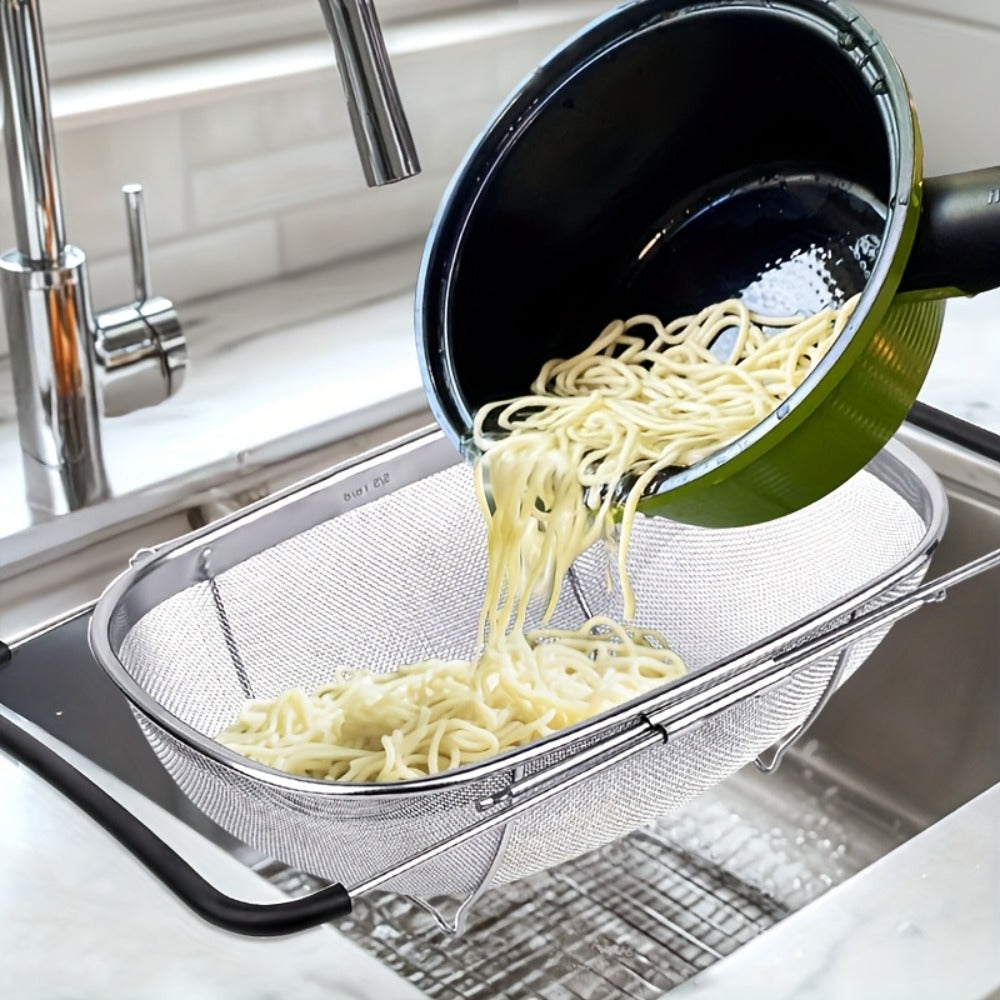 Stainless Steel Colander Expandable Fine Mesh Drain Basket Strainer for Vegetables Fruits Pasta Rice Kitchen Sink Washing Bowl Food Strainer