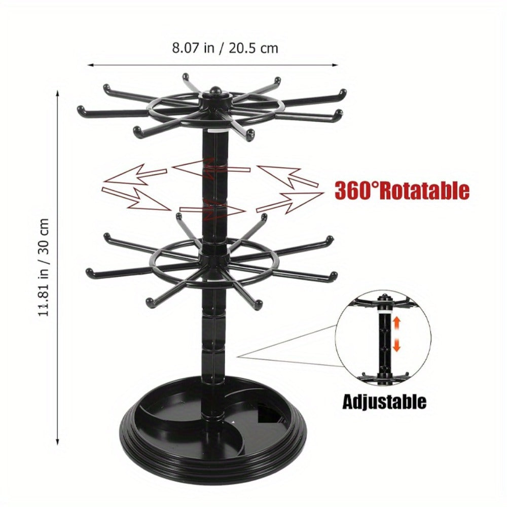 Rotating Jewelry Stand 2-Tier Black ¨C Necklace Bracelet Earring Organizer Display Rack, Plastic Hanging Jewelry Tower for Dressing Table Counter, Keychain Holder, No Electricity Needed
